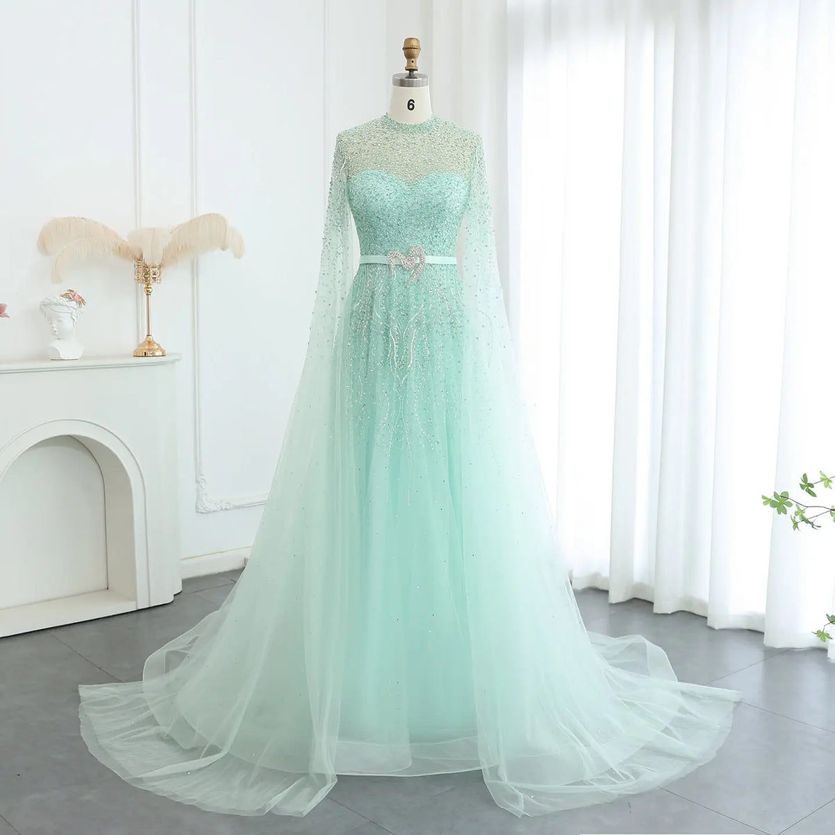 Luxury Blue High Neck Evening Dress with Cape Sleeves SS451 - SHARONSAID Luxury Blue High Neck Evening Dress with Cape Sleeves SS451 - SHARONSAID