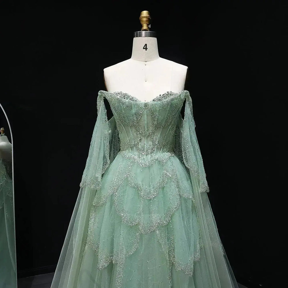 Elegant Off Shoulder Sage Green Evening Dress with Cape Sleeves SS215 