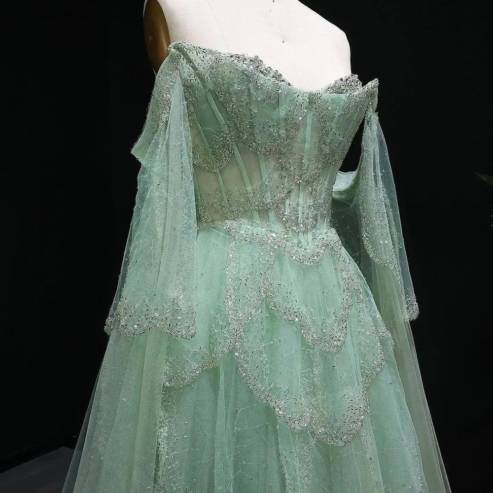Elegant Off Shoulder Sage Green Evening Dress with Cape Sleeves SS215 