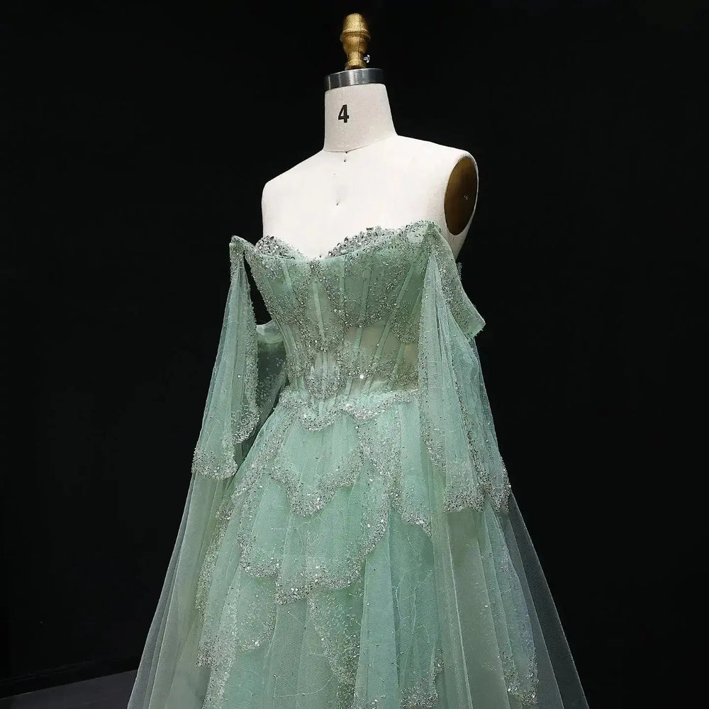 Elegant Off Shoulder Sage Green Evening Dress with Cape Sleeves SS215 
