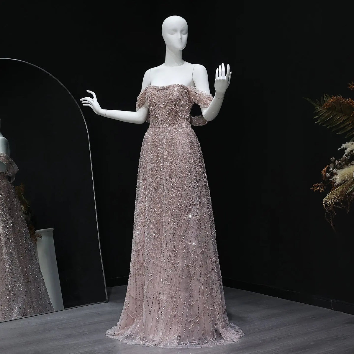 Luxury Beaded Champagne Off-Shoulder Evening Dress SS676 Luxury Beaded Champagne Off-Shoulder Evening Dress SS676