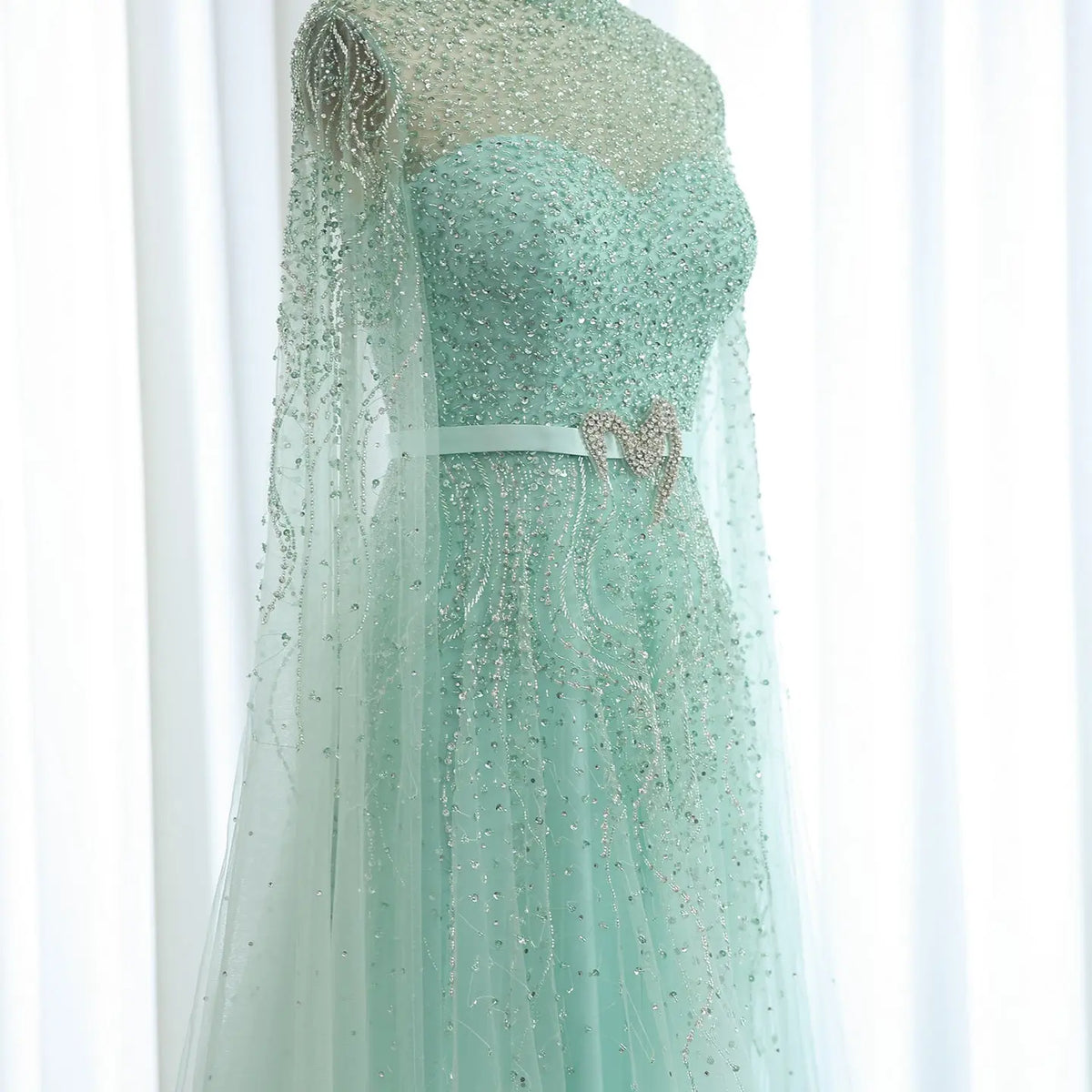 Luxury Blue High Neck Evening Dress with Cape Sleeves SS451 Luxury Blue High Neck Evening Dress with Cape Sleeves SS451