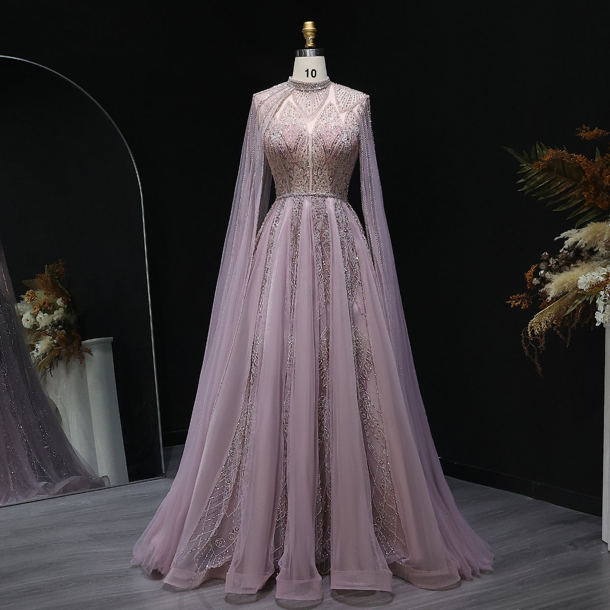 Luxury Pink Evening Dress with Cape Sleeves SS050