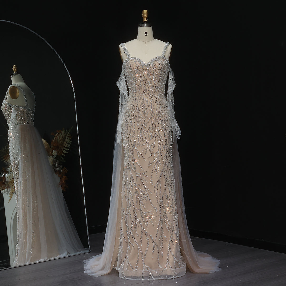 Luxury Champagne Beaded Evening Dress with Gloves and Overskirt SS634 