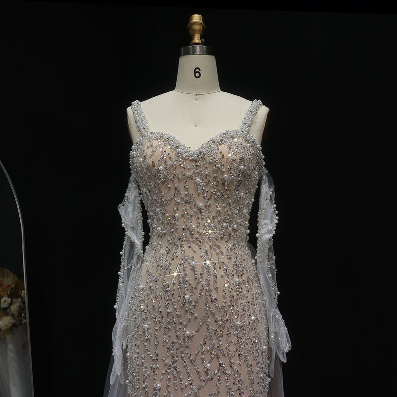 Luxury Champagne Beaded Evening Dress with Gloves and Overskirt SS634 