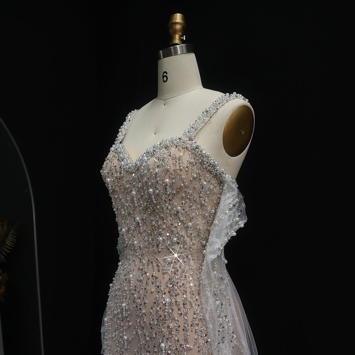 Luxury Champagne Beaded Evening Dress with Gloves and Overskirt SS634 