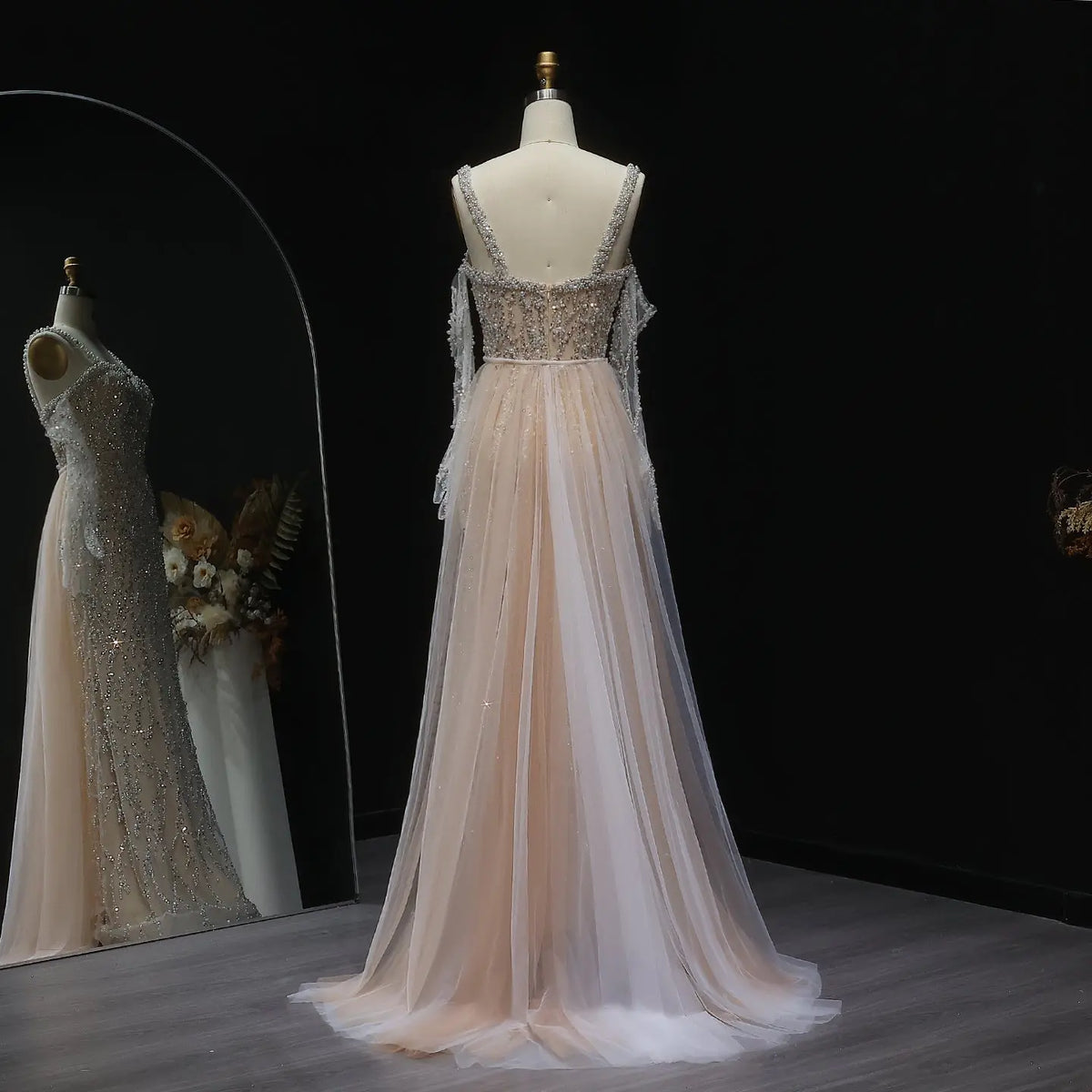 Luxury Champagne Beaded Evening Dress with Gloves and Overskirt SS634 SHARONSAID Luxury Champagne Beaded Evening Dress with Gloves and Overskirt SS634 SHARONSAID