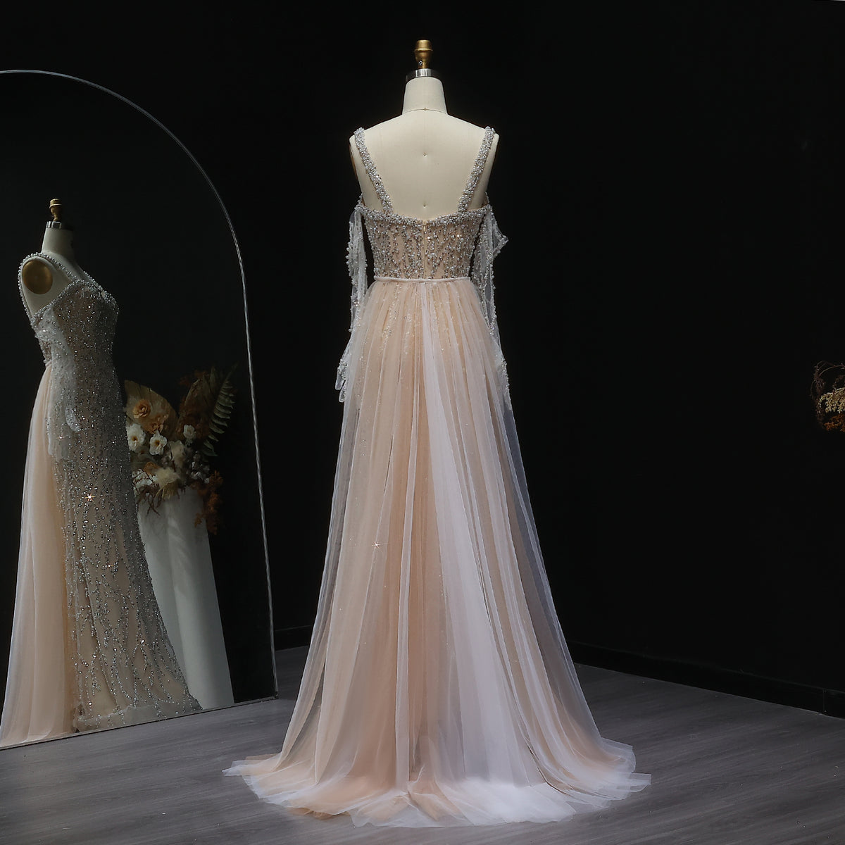 Luxury Champagne Beaded Evening Dress with Gloves and Overskirt SS634 