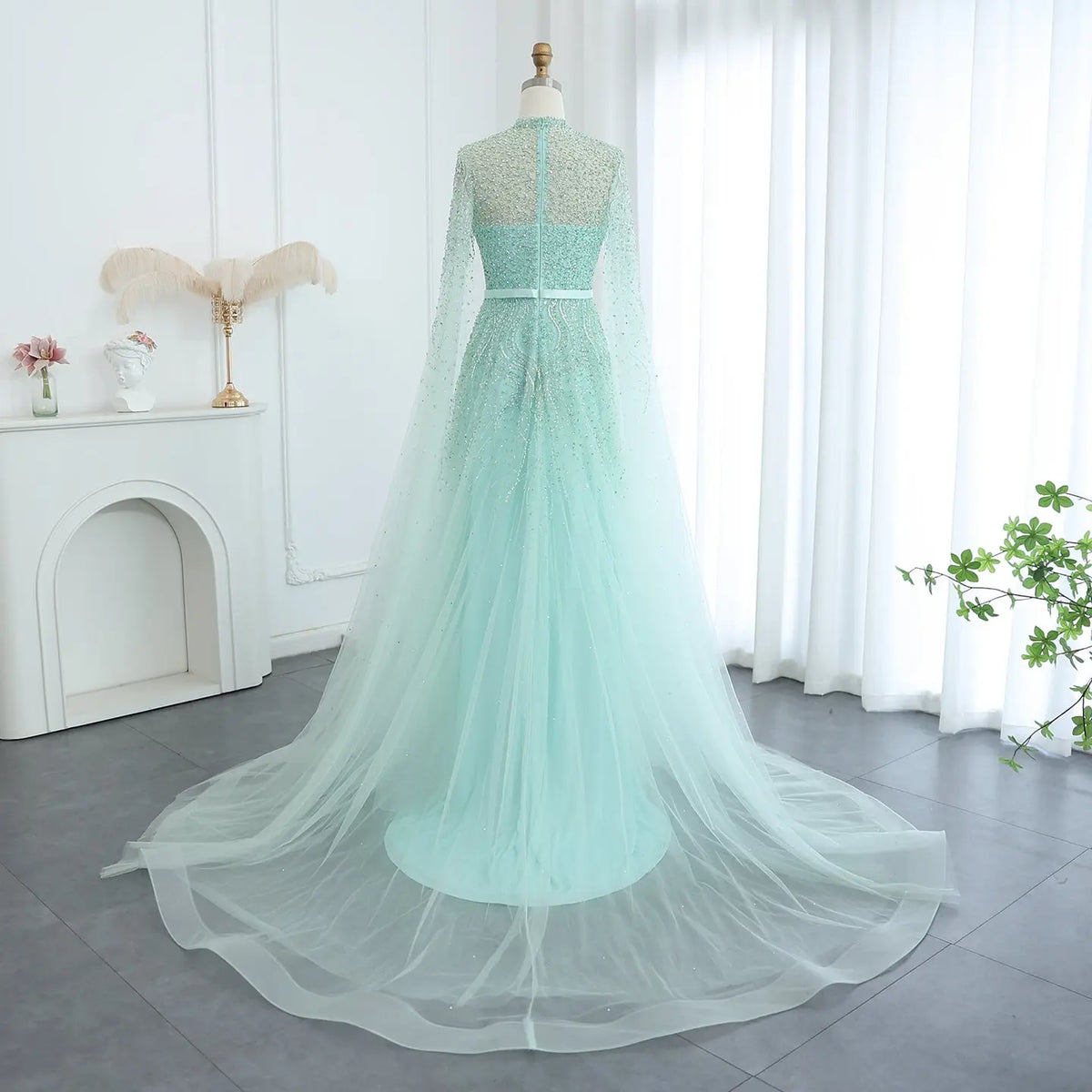 Luxury Blue High Neck Evening Dress with Cape Sleeves SS451 - SHARONSAID Luxury Blue High Neck Evening Dress with Cape Sleeves SS451 - SHARONSAID