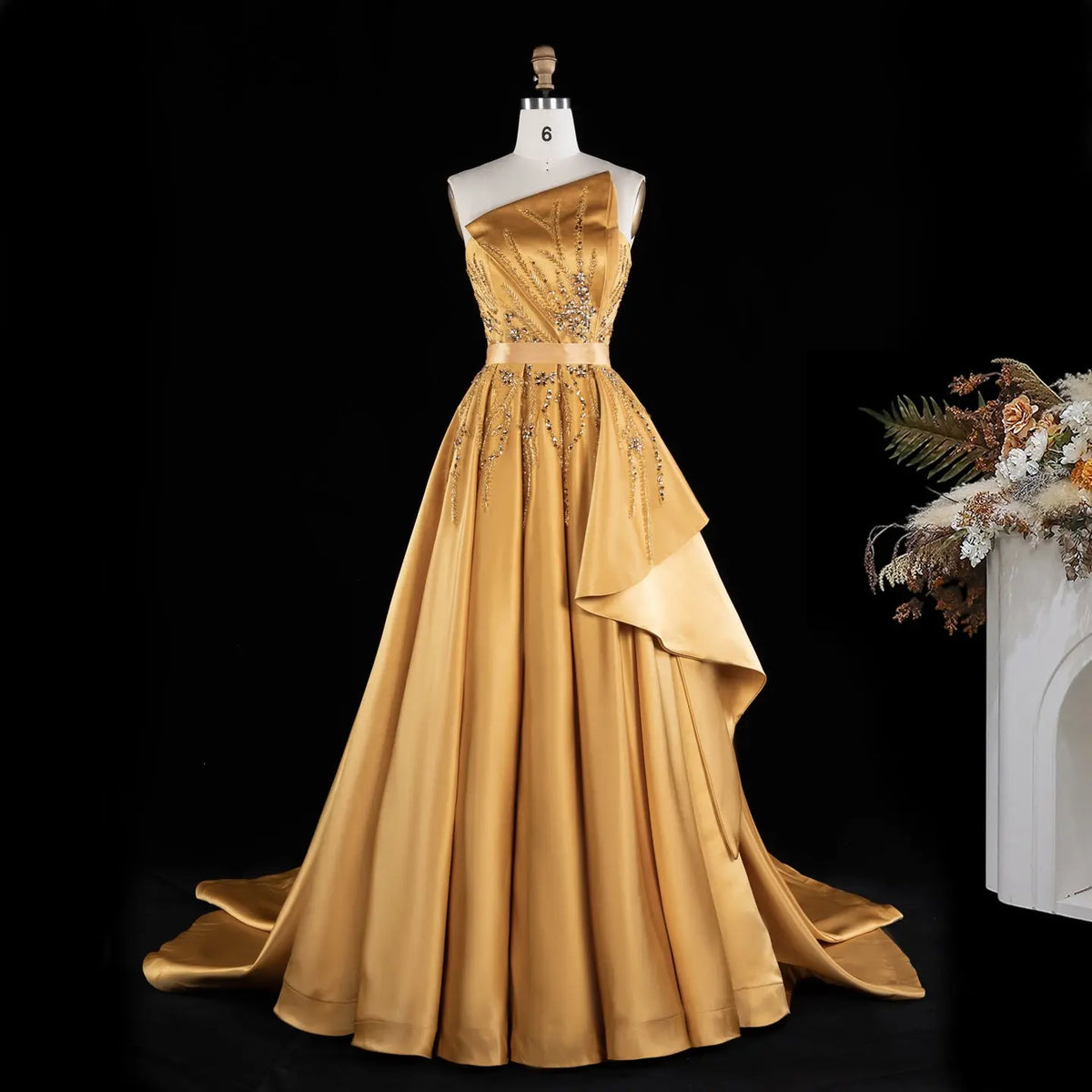 Gold Strapless Sequins Satin Evening Gown XD037-3