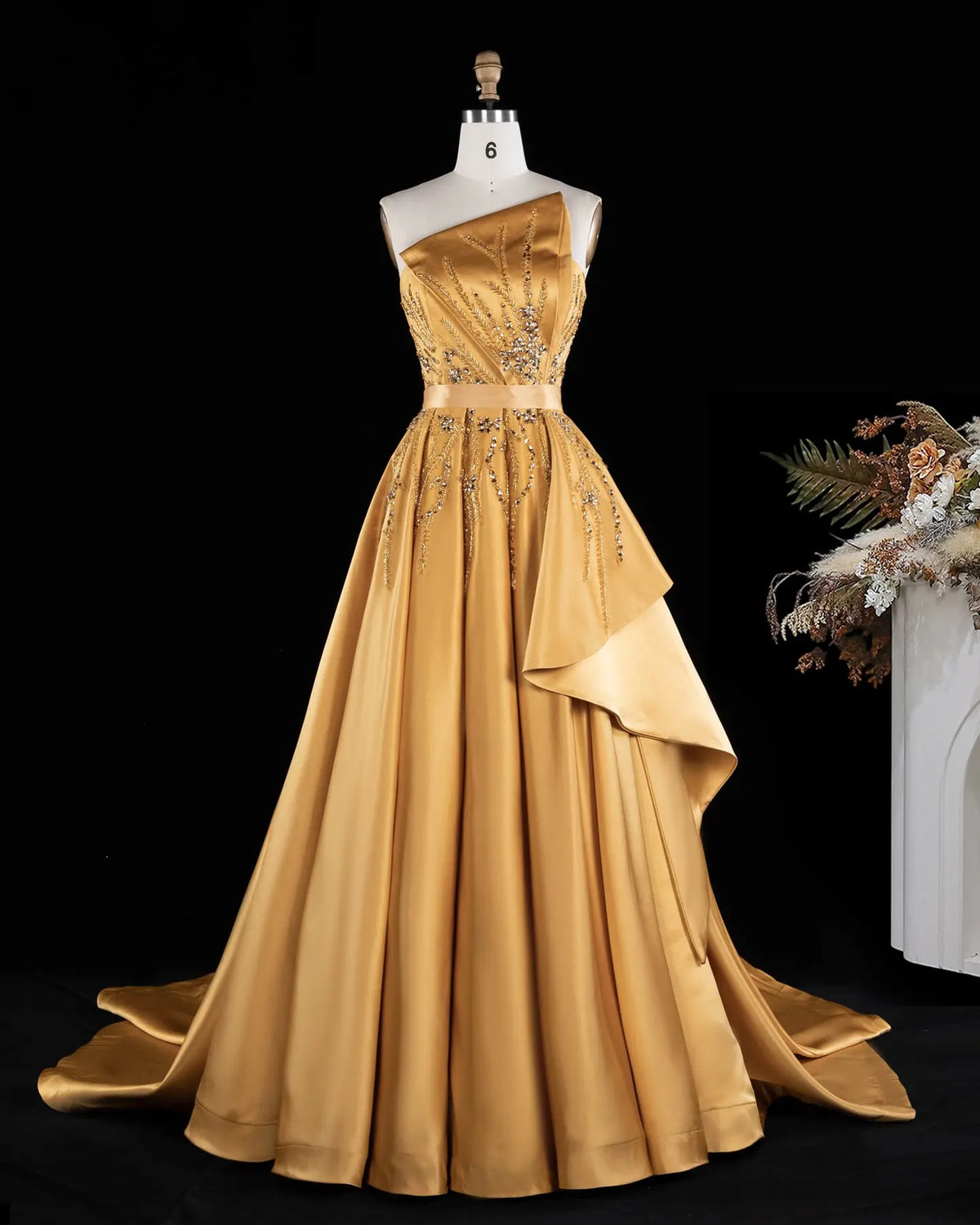 Gold Strapless Sequins Satin Evening Gown XD037-2