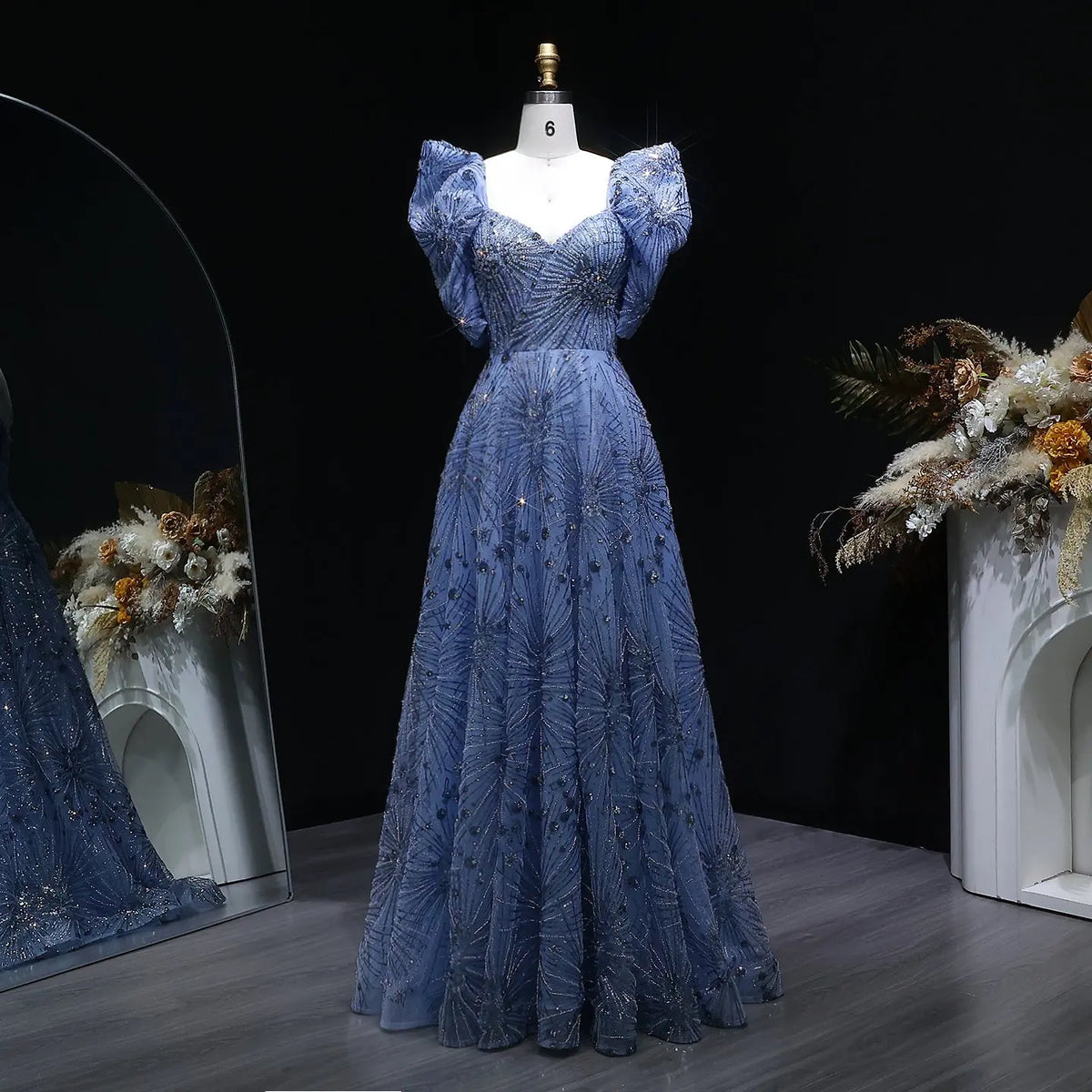 Glamorous Blue Puff Sleeve Sweetheart Neck Beaded Evening Dress SS080 SHARONSAID Glamorous Blue Puff Sleeve Sweetheart Neck Beaded Evening Dress SS080 SHARONSAID
