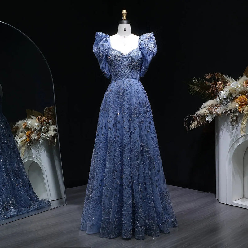 Glamorous Blue Puff Sleeve Sweetheart Neck Beaded Evening Dress SS080 