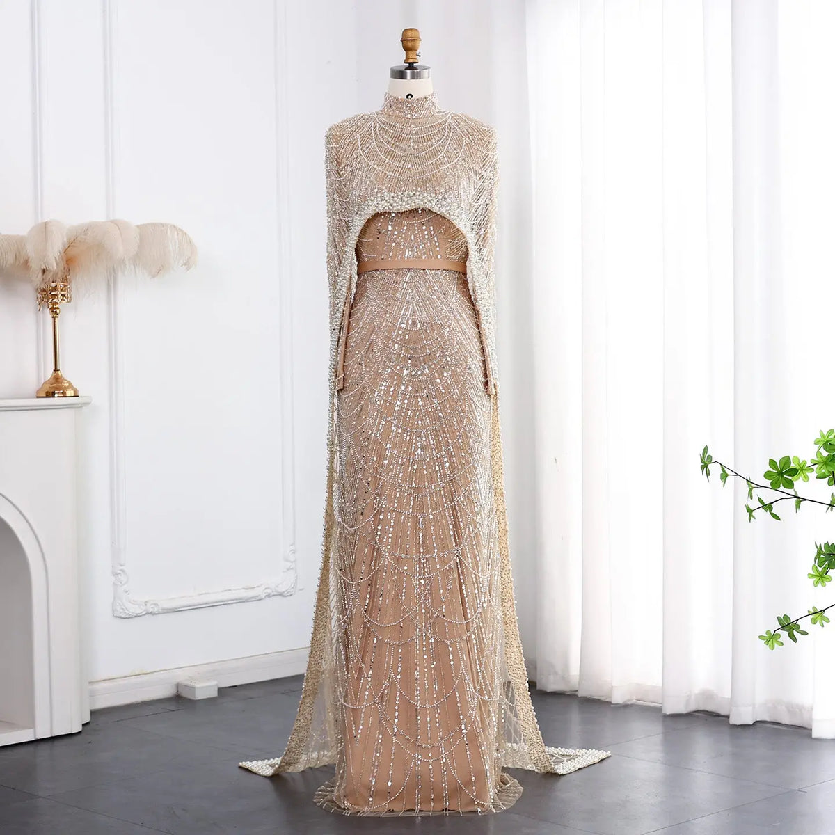 Luxury Long Sleeves Nude Evening Dress with Cape SS369A - SHARONSAID Luxury Long Sleeves Nude Evening Dress with Cape SS369A - SHARONSAID