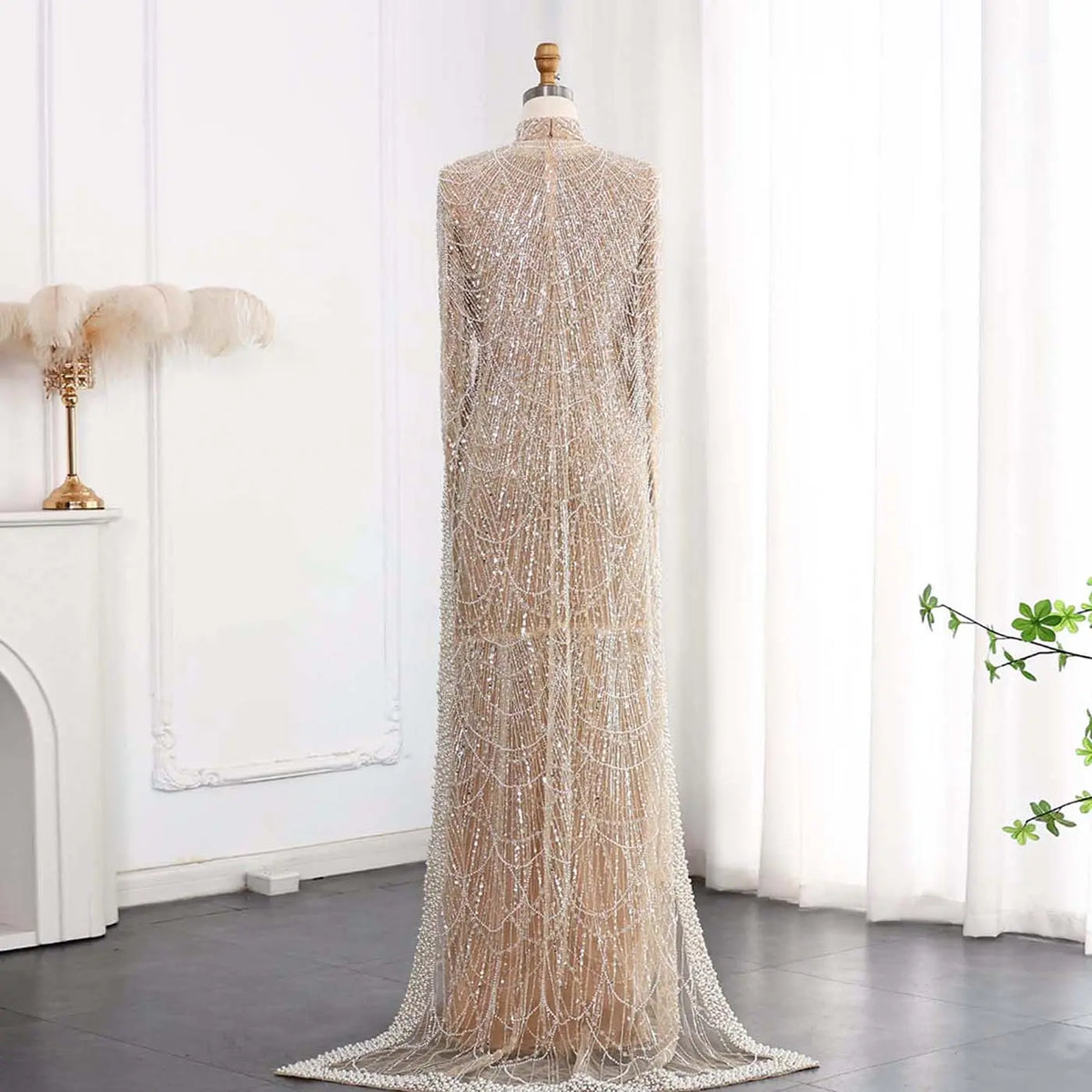 Luxury Long Sleeves Nude Evening Dress with Cape SS369A Luxury Long Sleeves Nude Evening Dress with Cape SS369A