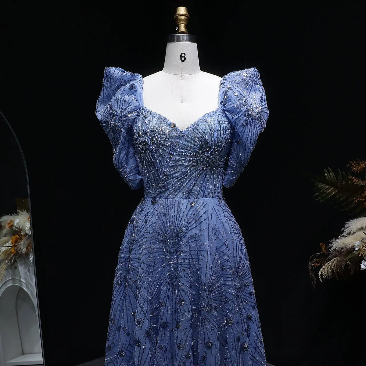 Glamorous Blue Puff Sleeve Sweetheart Neck Beaded Evening Dress SS080 