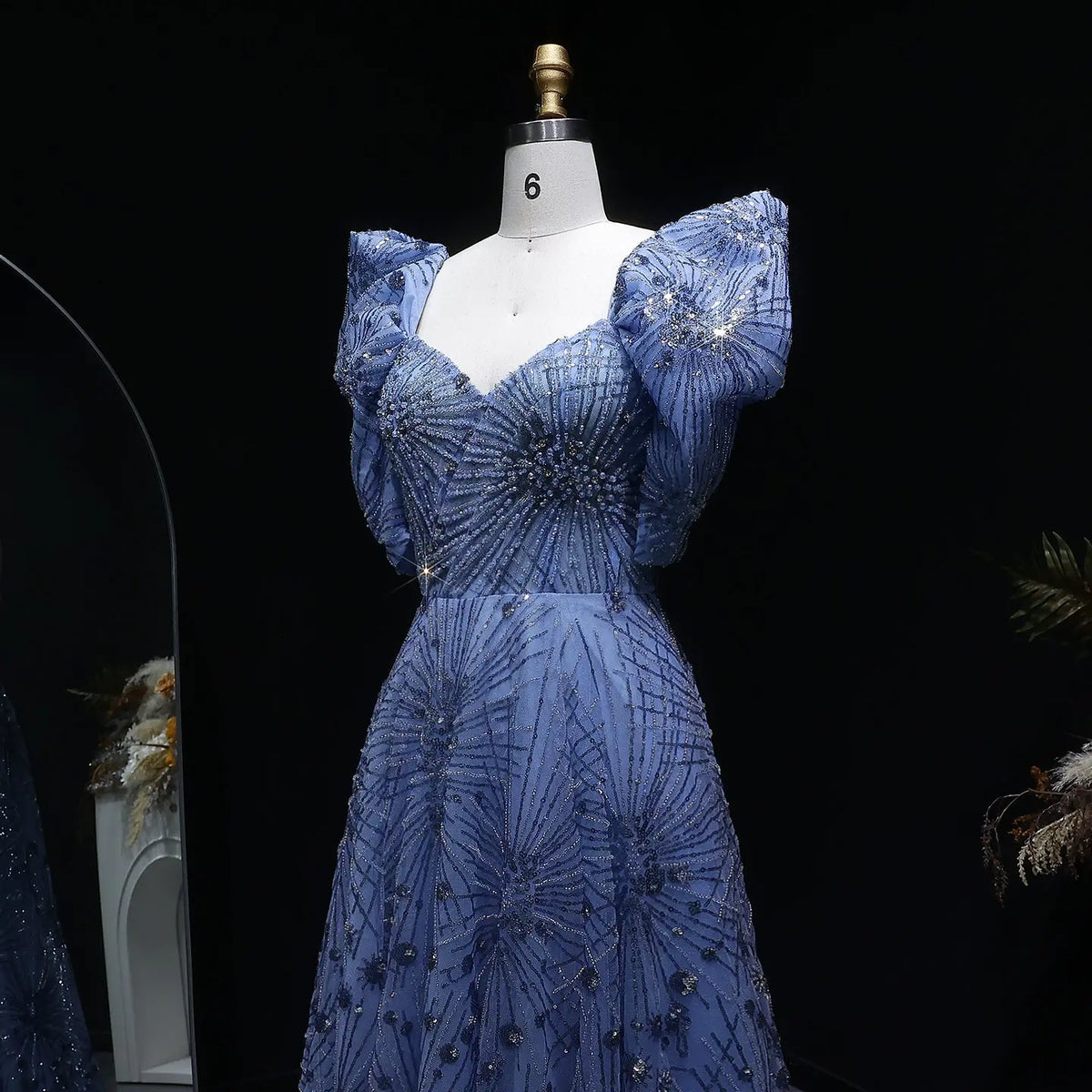 Glamorous Blue Puff Sleeve Sweetheart Neck Beaded Evening Dress SS080 