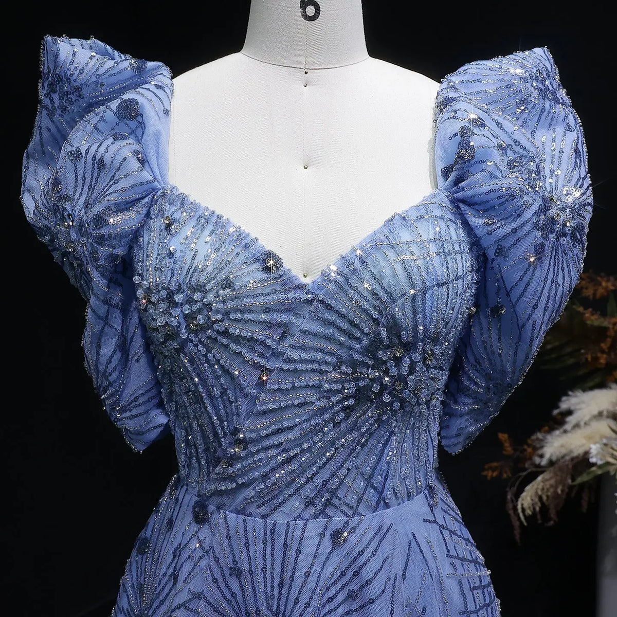 Glamorous Blue Puff Sleeve Sweetheart Neck Beaded Evening Dress SS080 