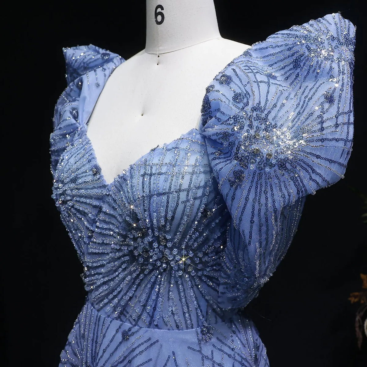 Glamorous Blue Puff Sleeve Sweetheart Neck Beaded Evening Dress SS080 