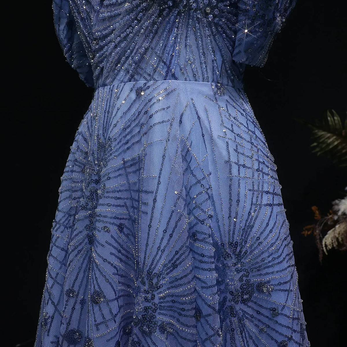 Glamorous Blue Puff Sleeve Sweetheart Neck Beaded Evening Dress SS080 