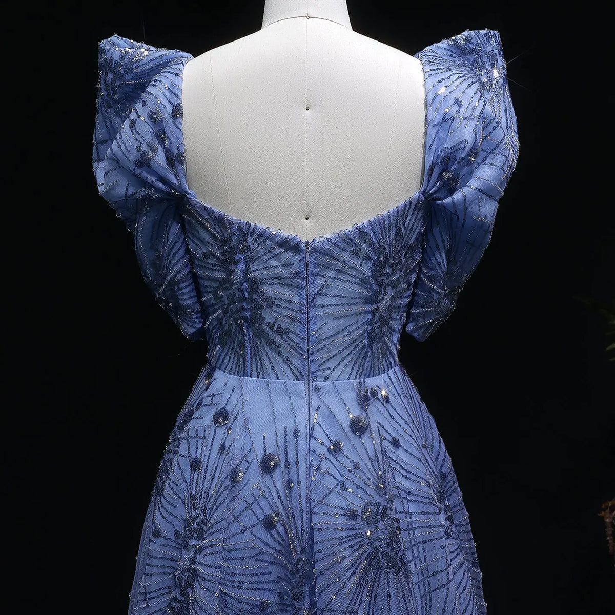 Glamorous Blue Puff Sleeve Sweetheart Neck Beaded Evening Dress SS080 