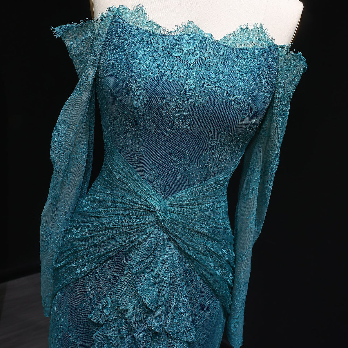 Elegant Blue Off Shoulder Lace Evening Dress SF519