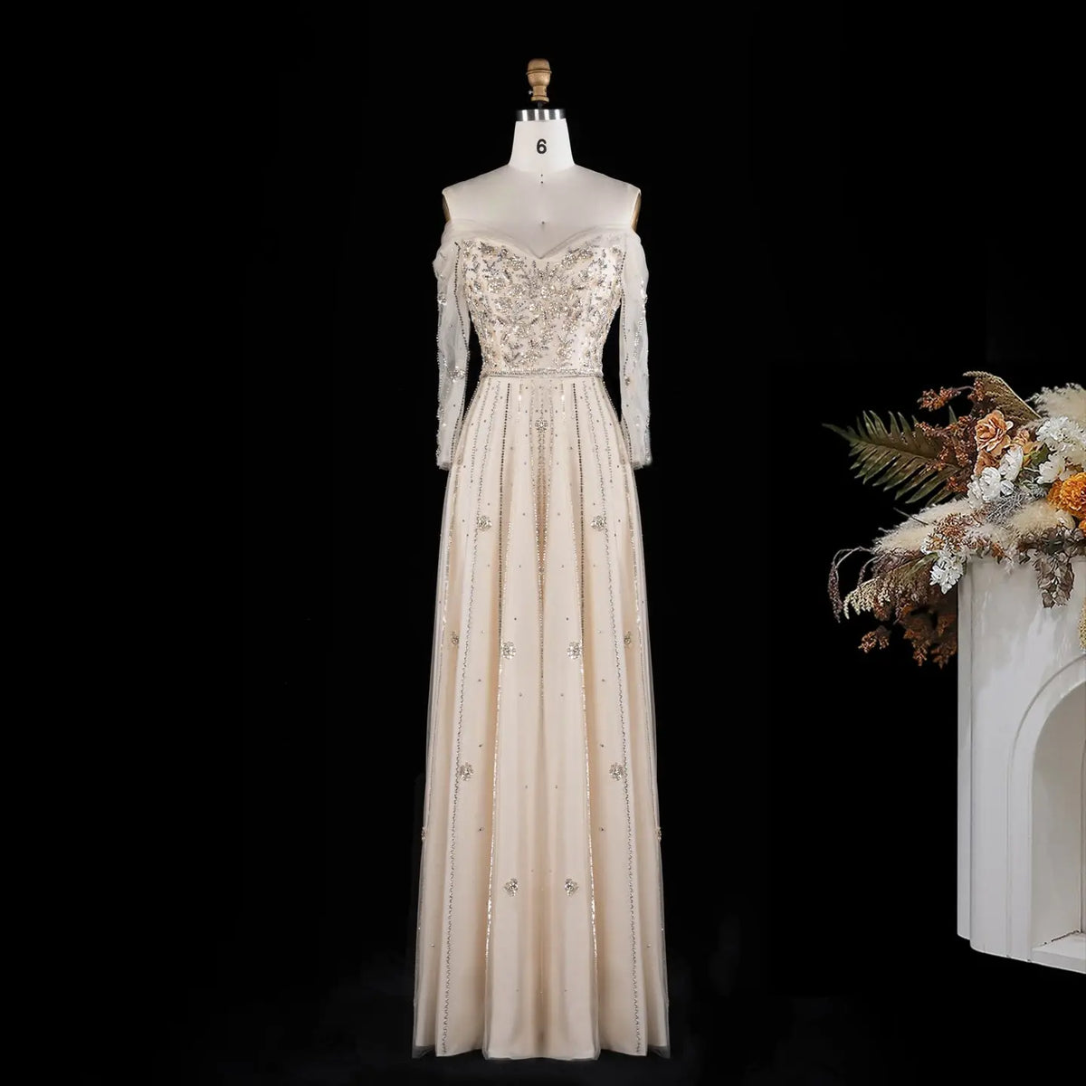 Beige Off Shoulder Long Sleeve Sequins Evening Gown SS421-2