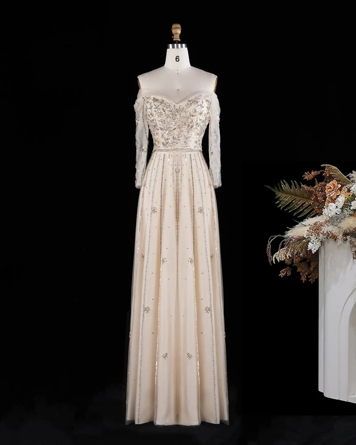 Beige Off Shoulder Long Sleeve Sequins Evening Gown SS421-4