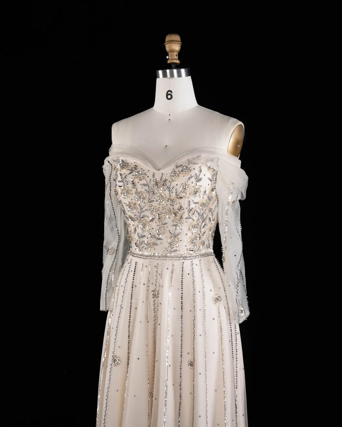 Beige Off Shoulder Long Sleeve Sequins Evening Gown SS421-5