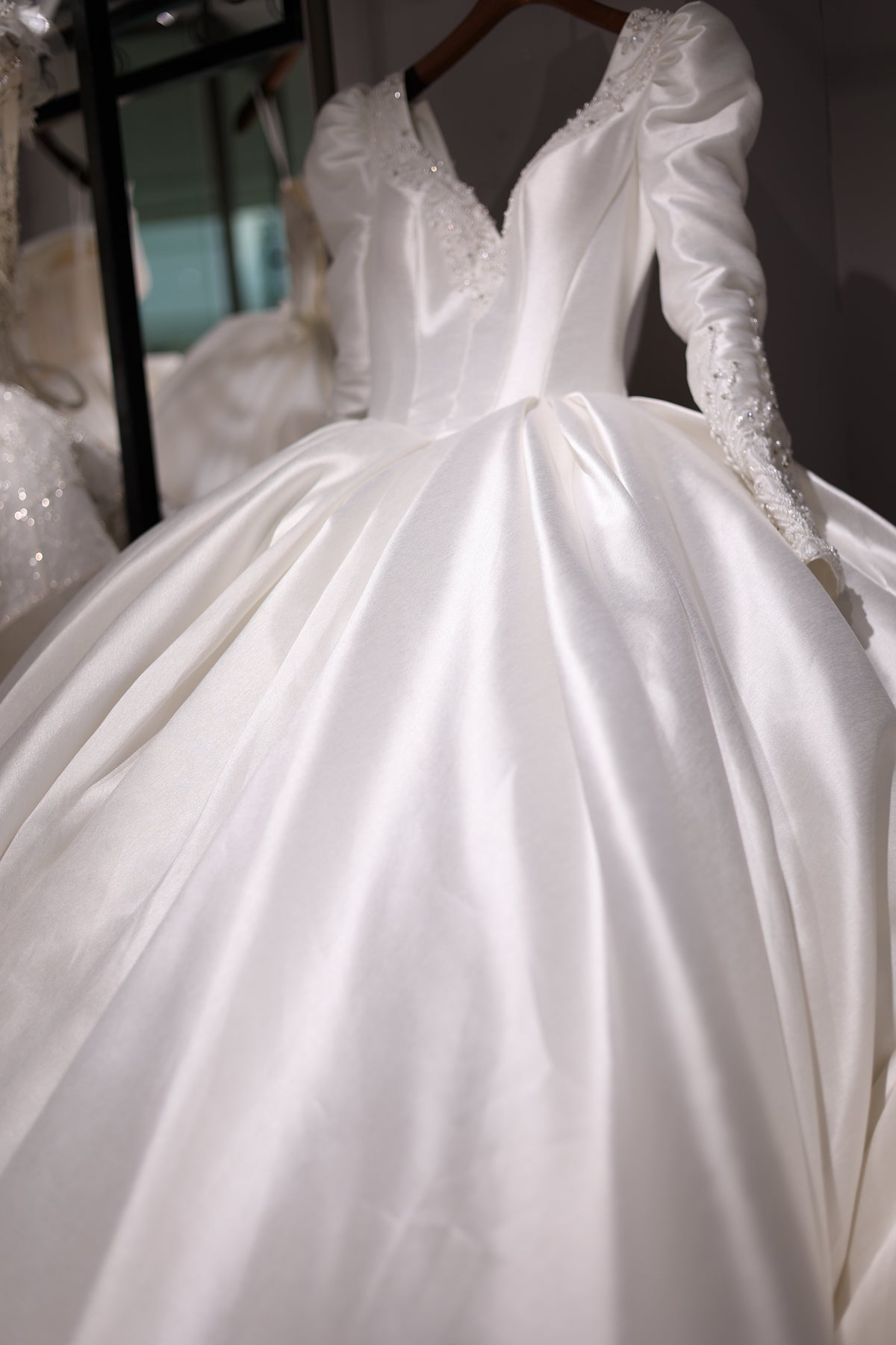 Sharon Said Off-White Satin Luxury Ball Gown Wedding Dress Elegant V-Neck Long Sleeves Beaded Bride Gowns RS009