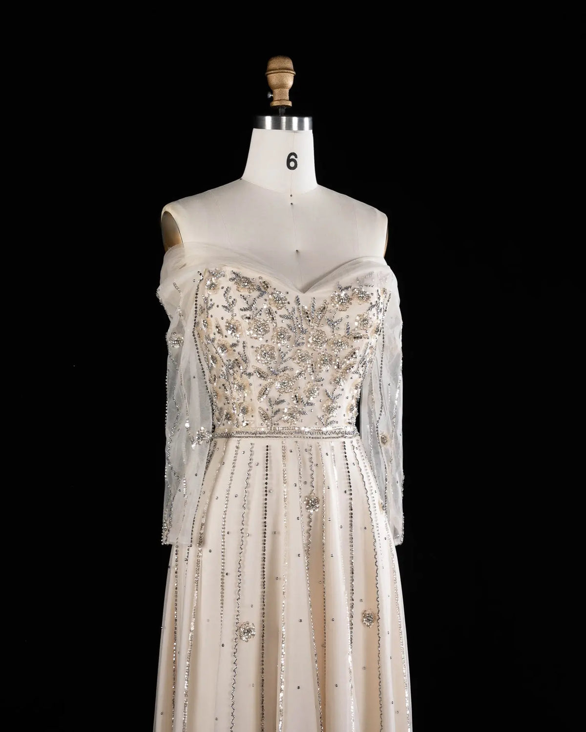 Beige Off Shoulder Long Sleeve Sequins Evening Gown SS421-6