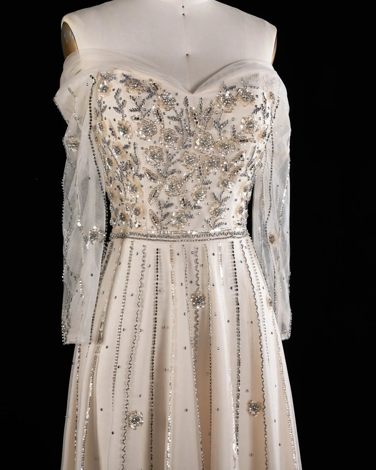 Beige Off Shoulder Long Sleeve Sequins Evening Gown SS421-8