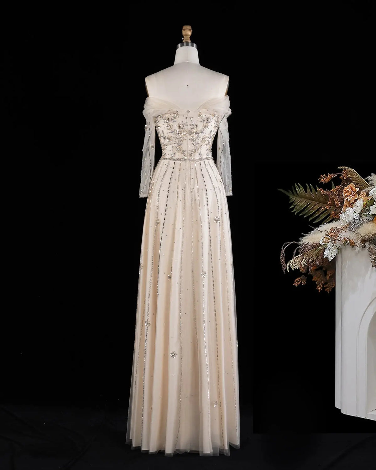 Beige Off Shoulder Long Sleeve Sequins Evening Gown SS421-9