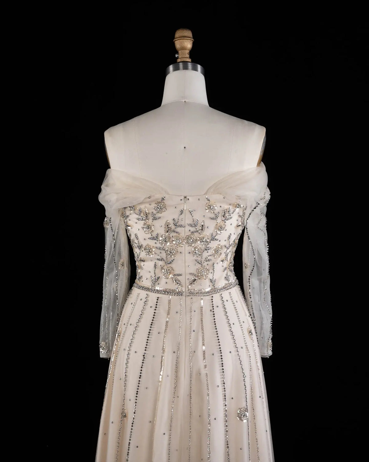 Beige Off Shoulder Long Sleeve Sequins Evening Gown SS421-10