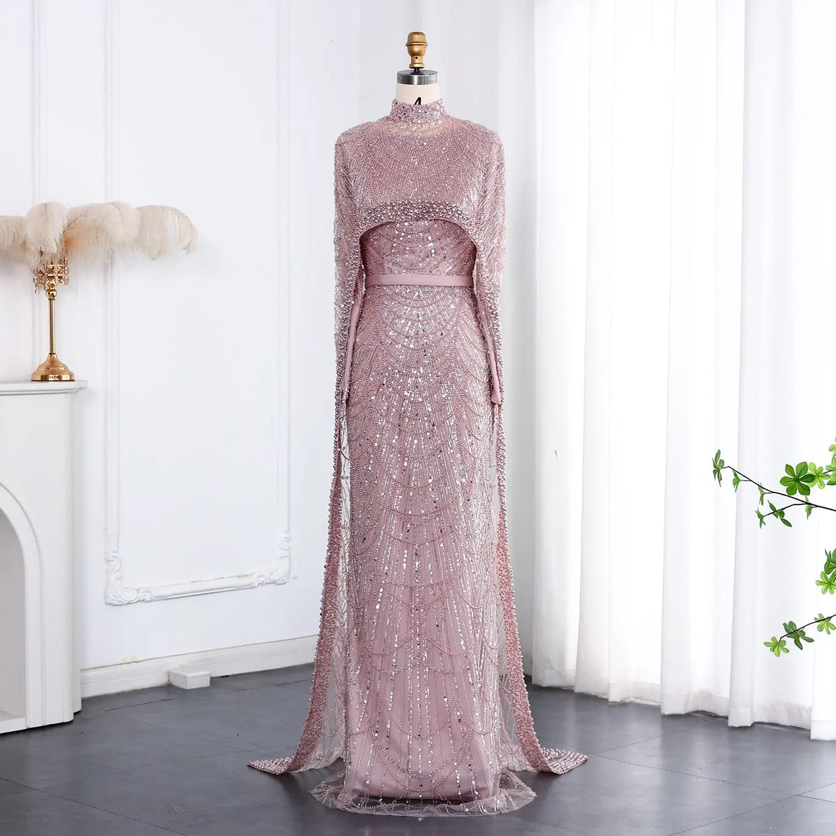 Luxury Long Sleeves Nude Evening Dress with Cape SS369A Luxury Long Sleeves Nude Evening Dress with Cape SS369A