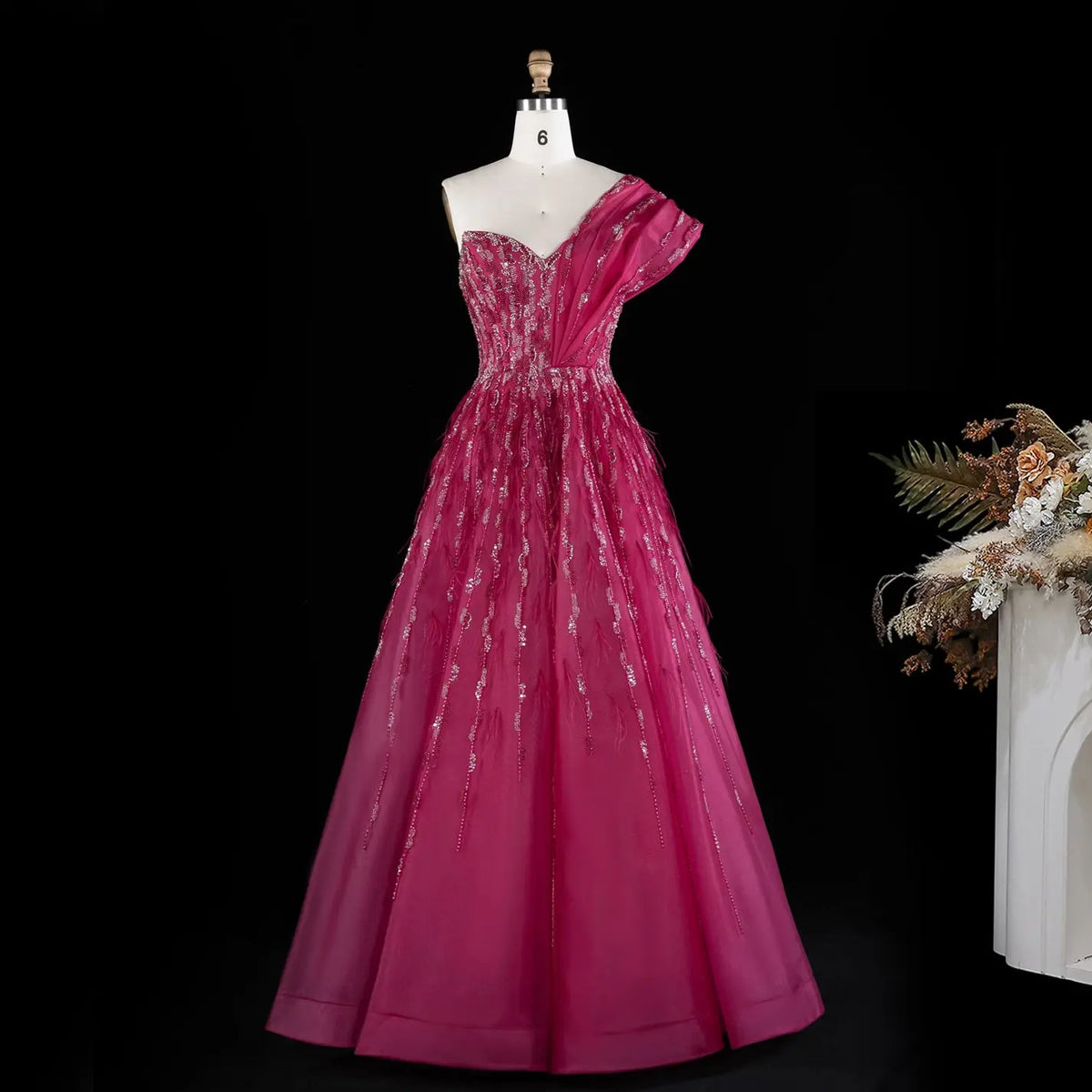 Fuchsia One Shoulder Feathers Sequins Evening Gown XD041-3