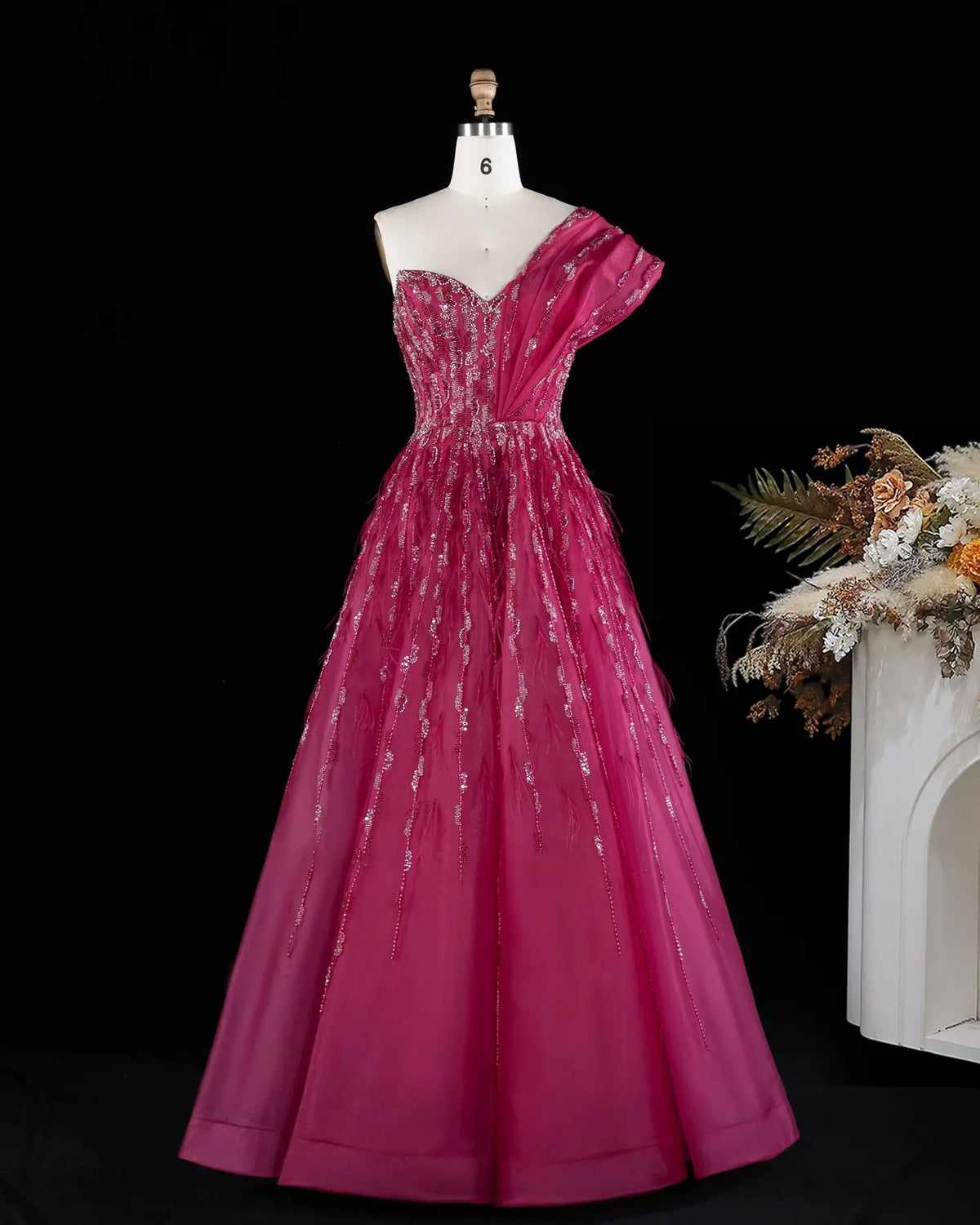 Fuchsia One Shoulder Feathers Sequins Evening Gown XD041