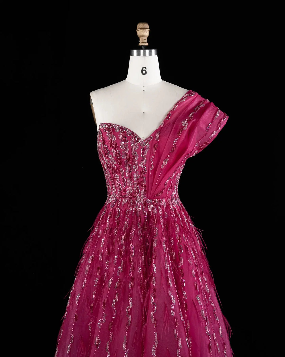 Fuchsia One Shoulder Feathers Sequins Evening Gown XD041-4