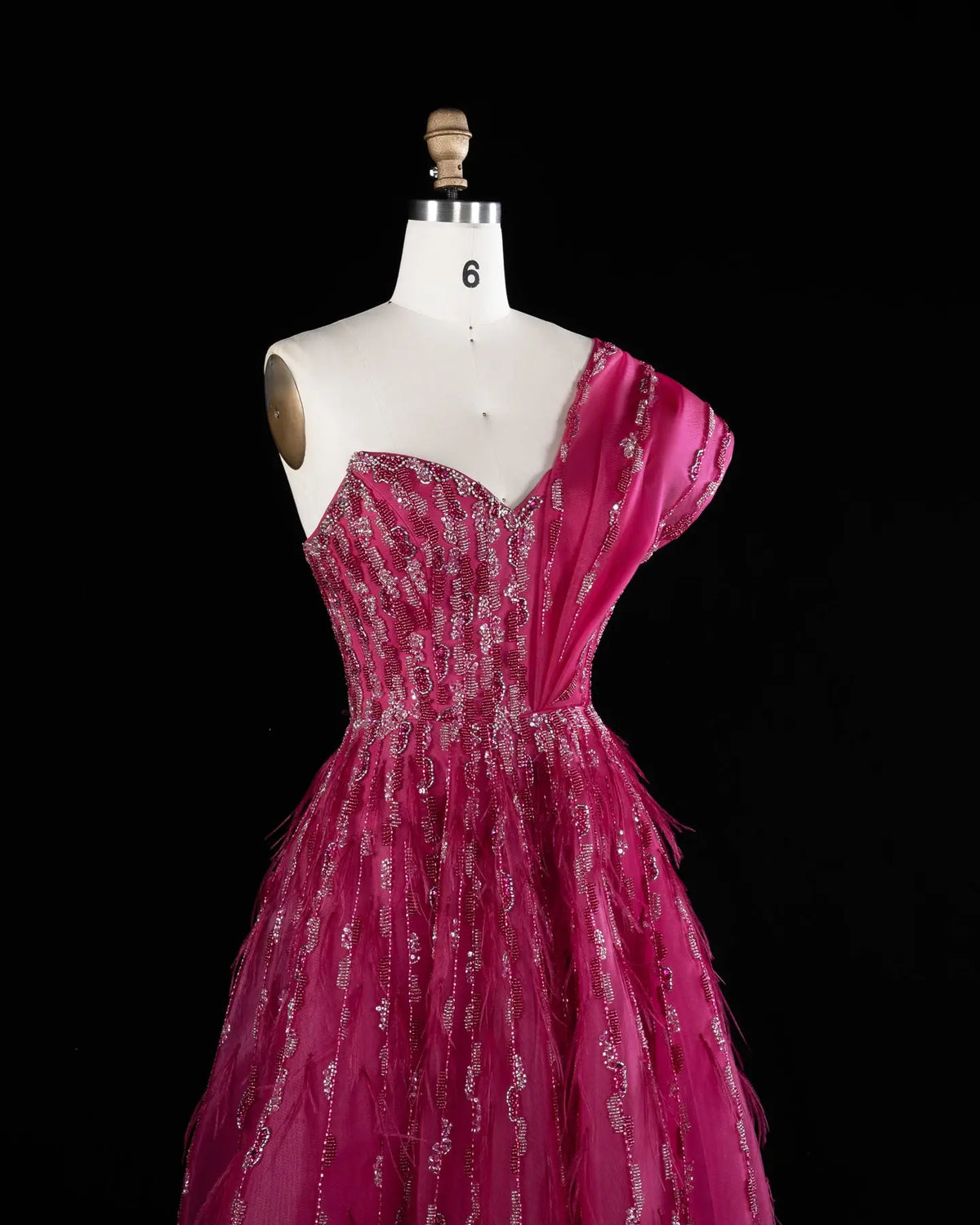 Fuchsia One Shoulder Feathers Sequins Evening Gown XD041-5