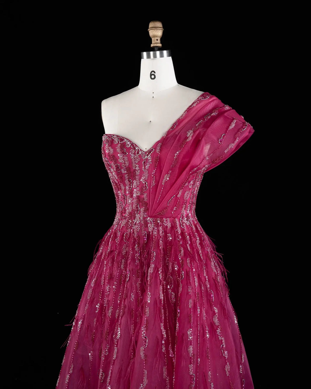 Fuchsia One Shoulder Feathers Sequins Evening Gown XD041-6