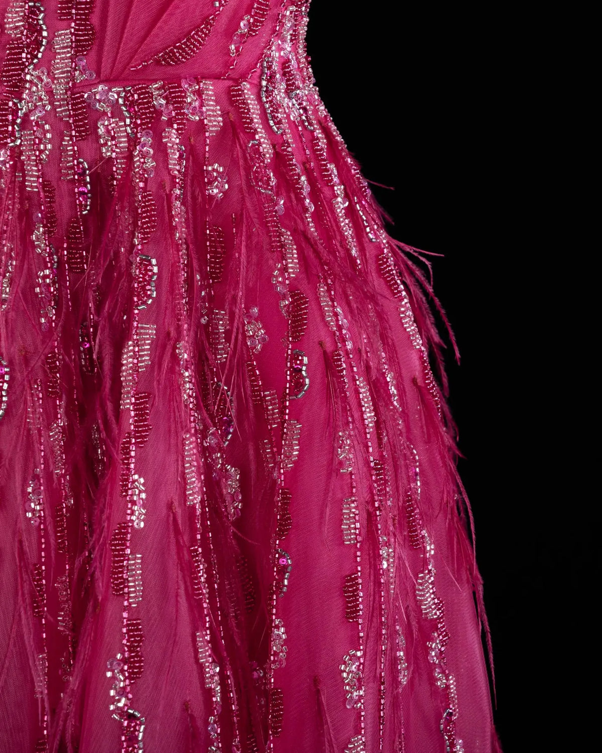 Fuchsia One Shoulder Feathers Sequins Evening Gown XD041-7