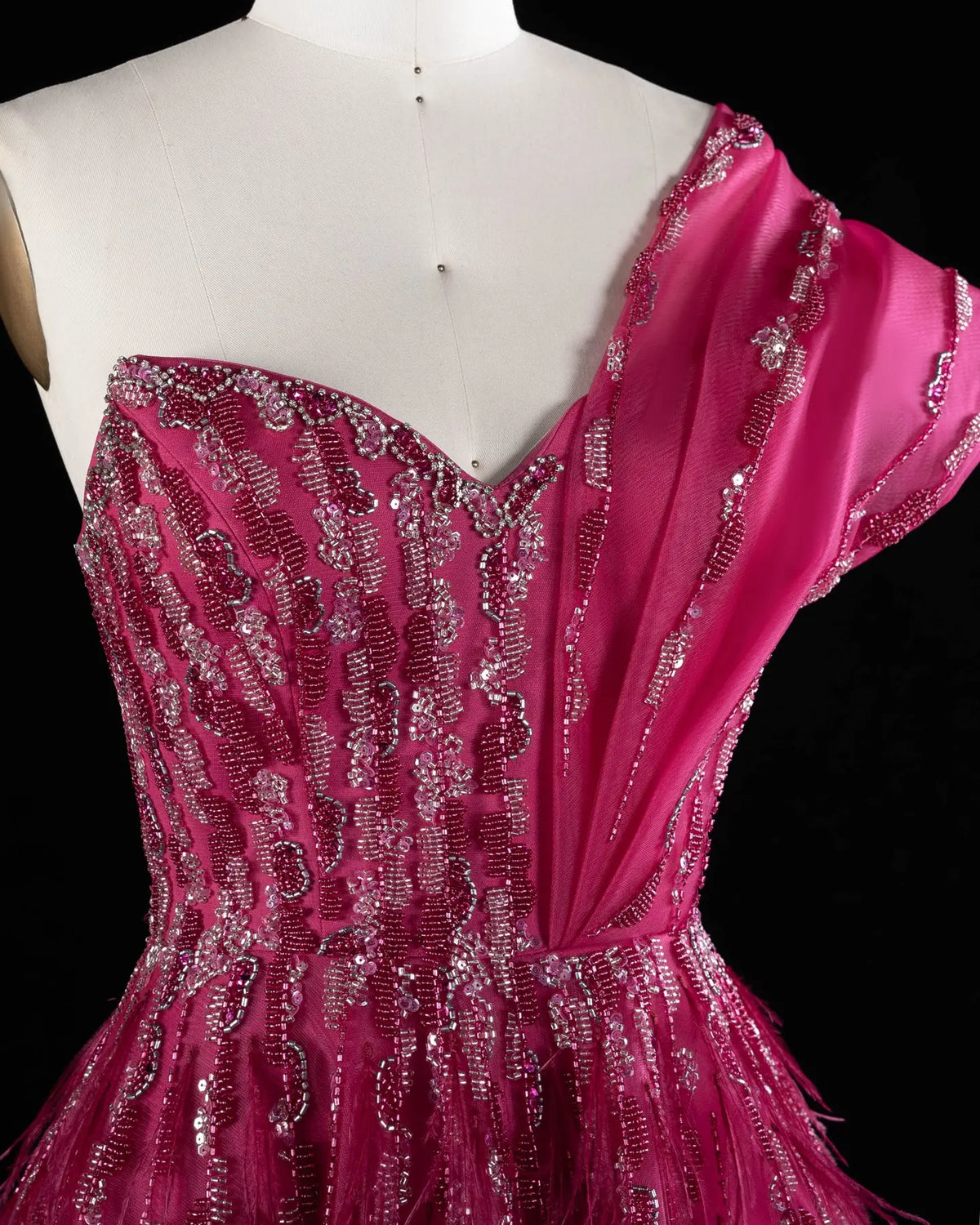 Fuchsia One Shoulder Feathers Sequins Evening Gown XD041-8