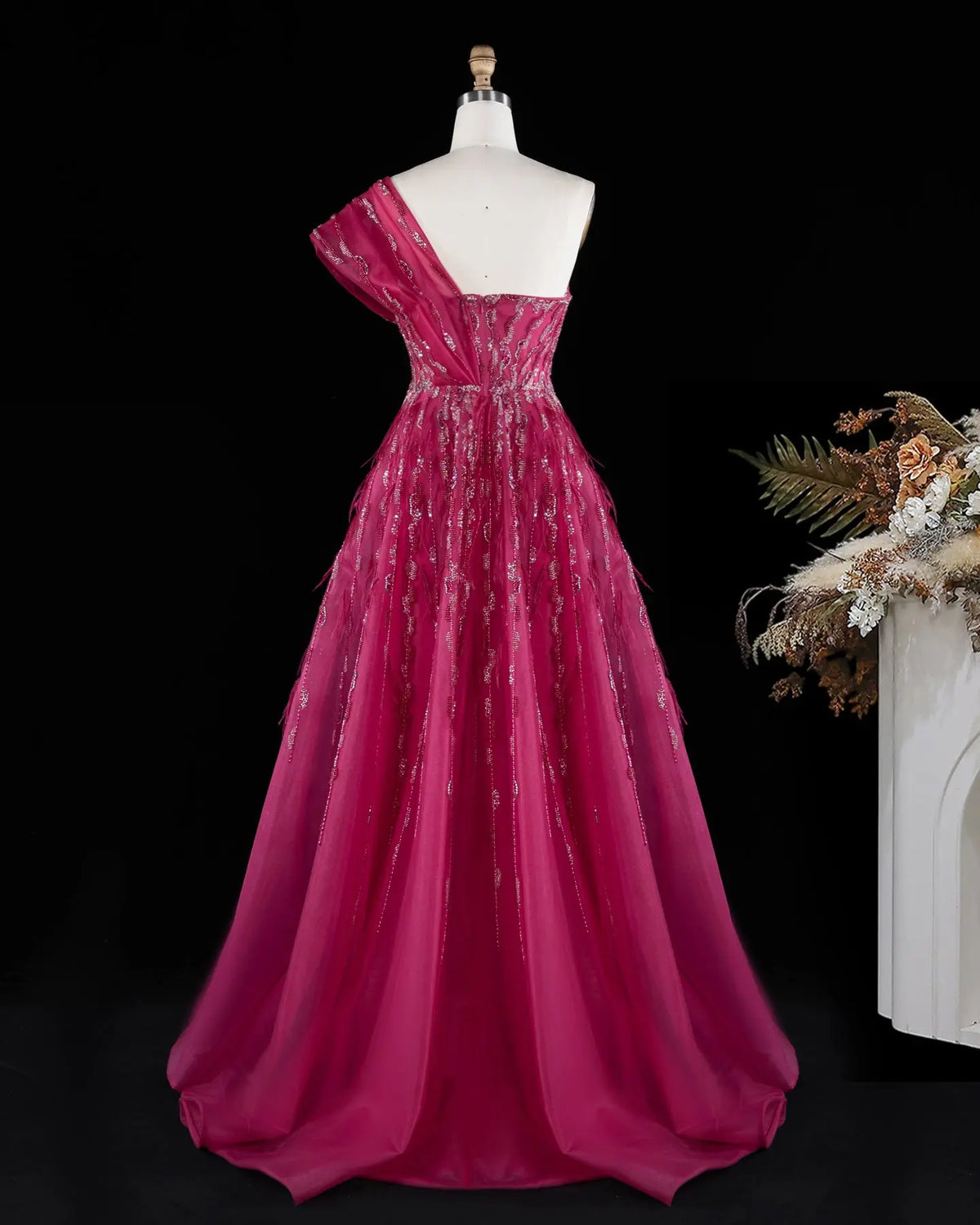 Fuchsia One Shoulder Feathers Sequins Evening Gown XD041-9
