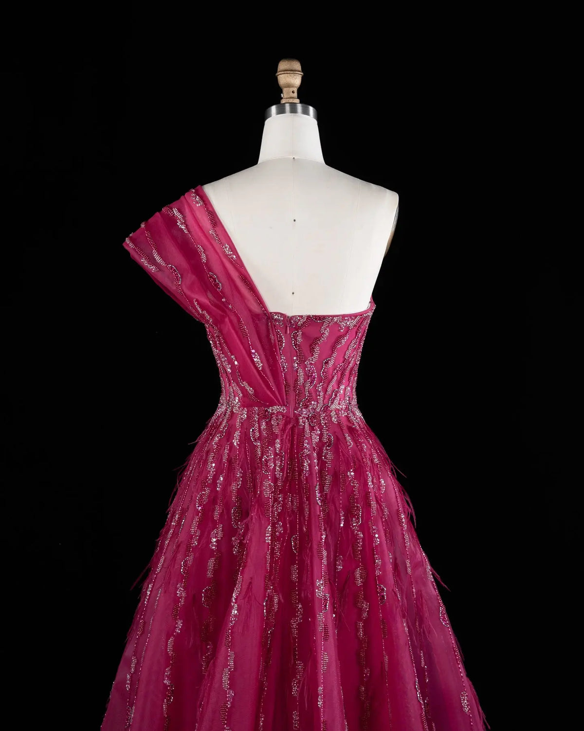Fuchsia One Shoulder Feathers Sequins Evening Gown XD041-10