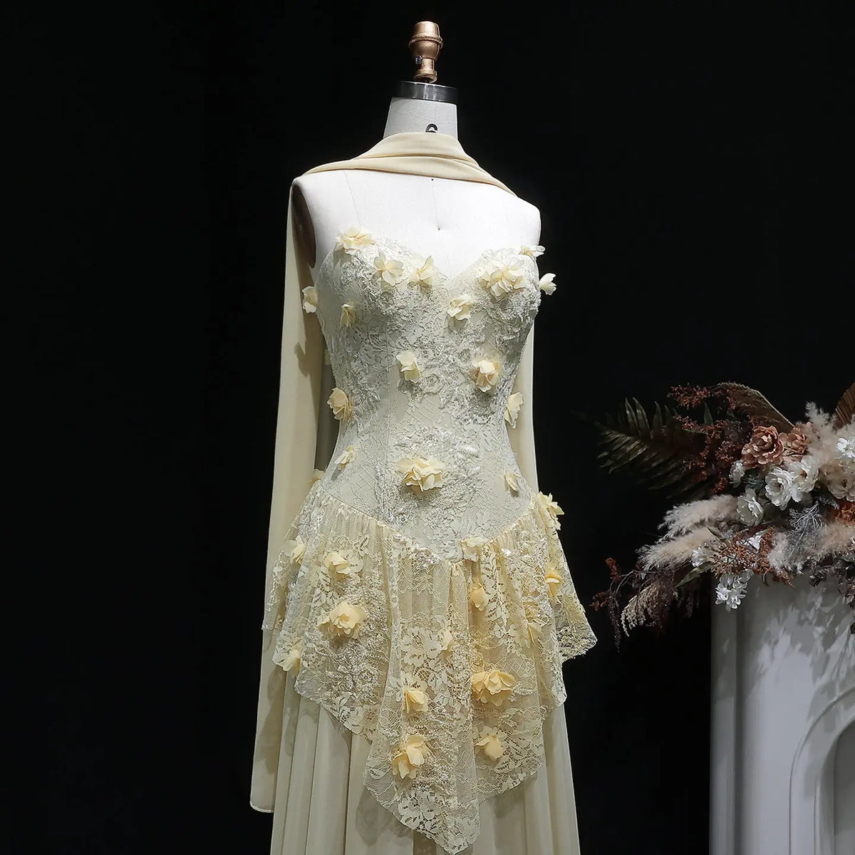 Elegant Light Yellow 3D Floral Strapless Evening Dress with Overskirt SS654 