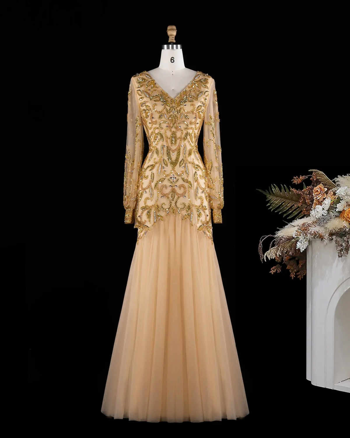 Gold V Neck Long Sleeve Sequins Evening Gown XD080-2