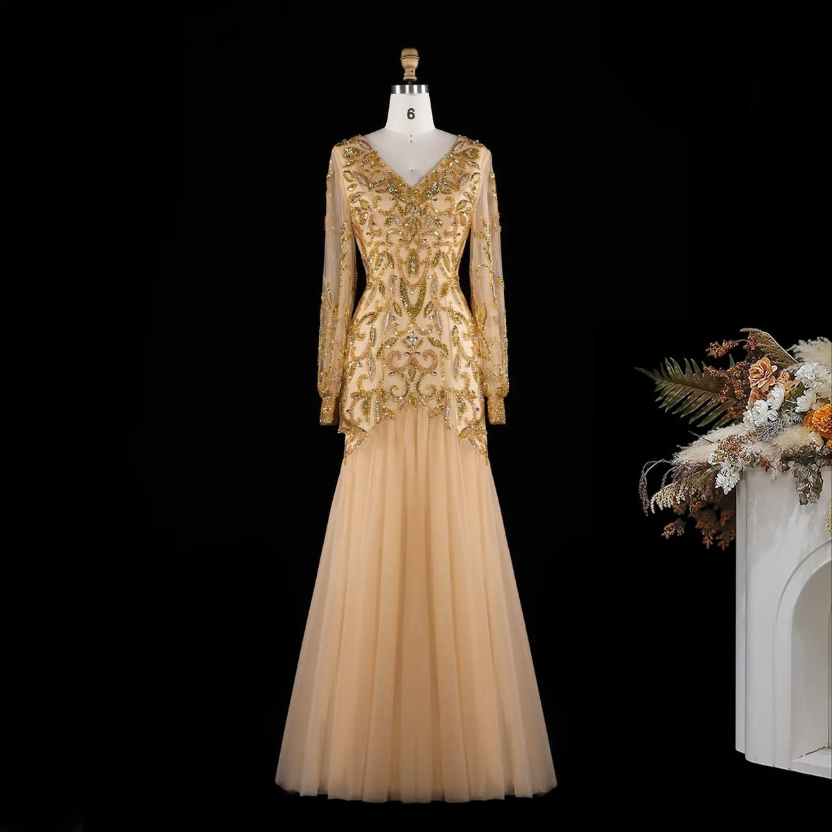 Gold V Neck Long Sleeve Sequins Evening Gown XD080-3