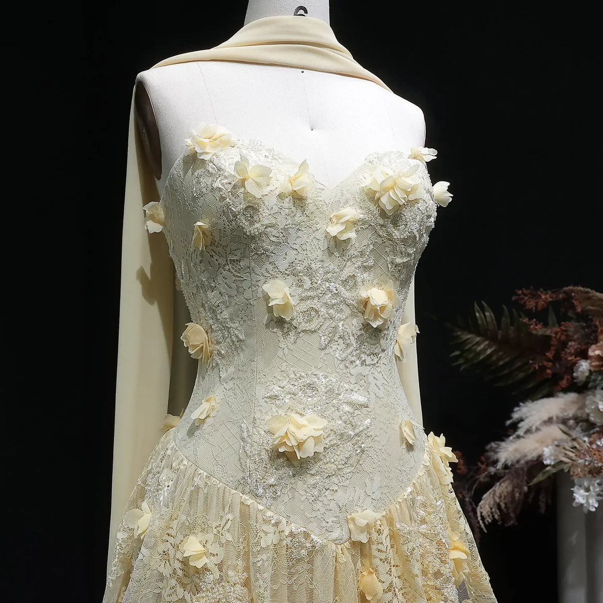 Elegant Light Yellow 3D Floral Strapless Evening Dress with Overskirt SS654