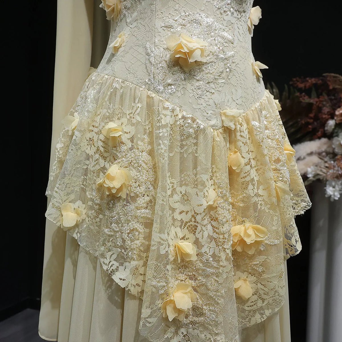 Elegant Light Yellow 3D Floral Strapless Evening Dress with Overskirt SS654 