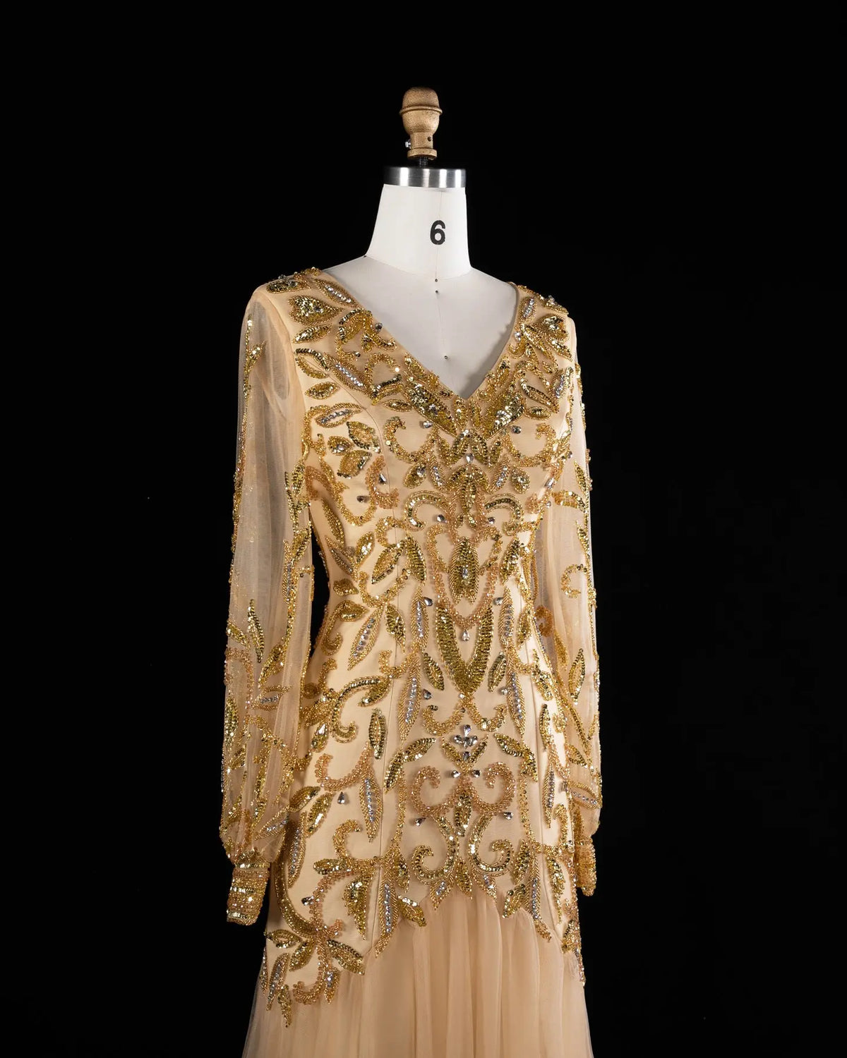 Gold V Neck Long Sleeve Sequins Evening Gown XD080-5